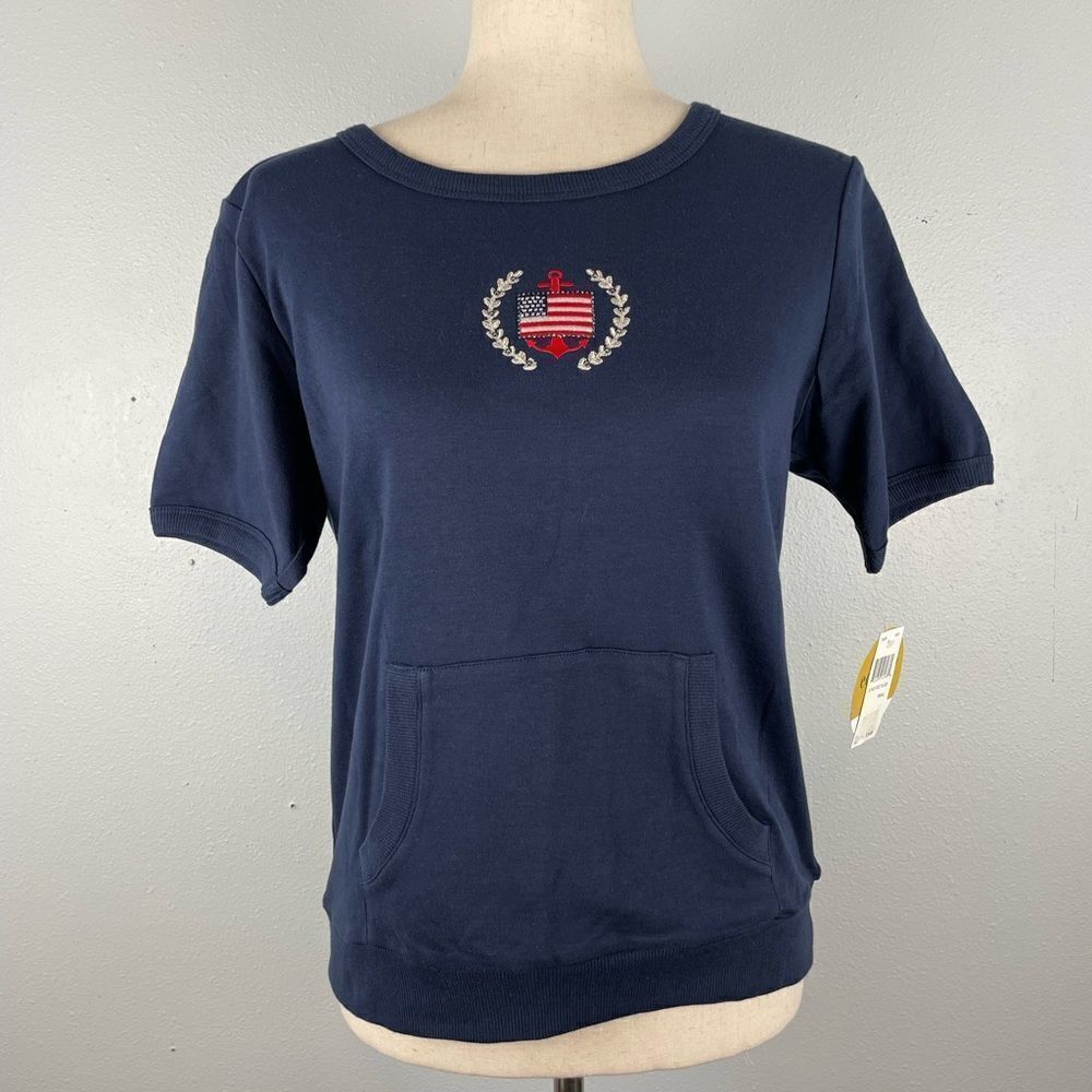 NWT Eccobay Navy Blue SS Pouch Pocket Pullover Size Small